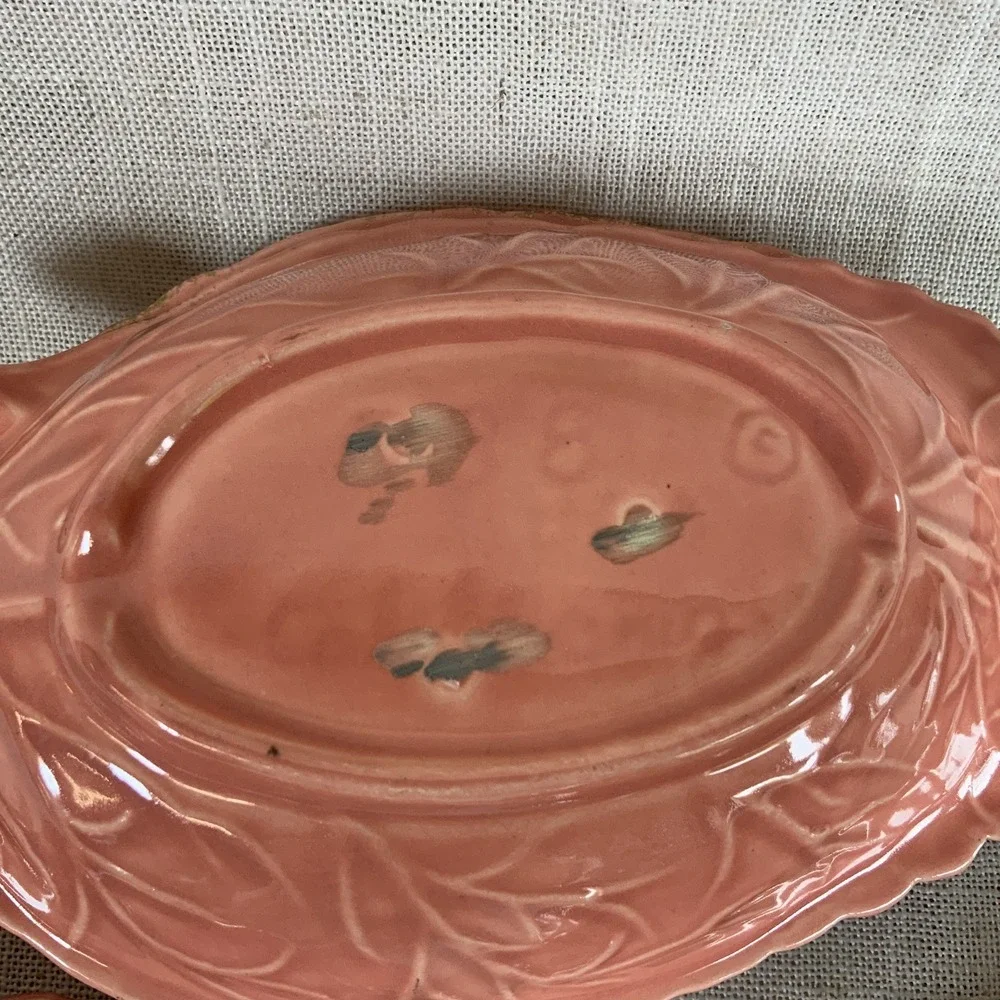 Vtg Set of 4 Pink Coral Leaf Ashtrays Bowl Lid Gold Trim California Pottery #738